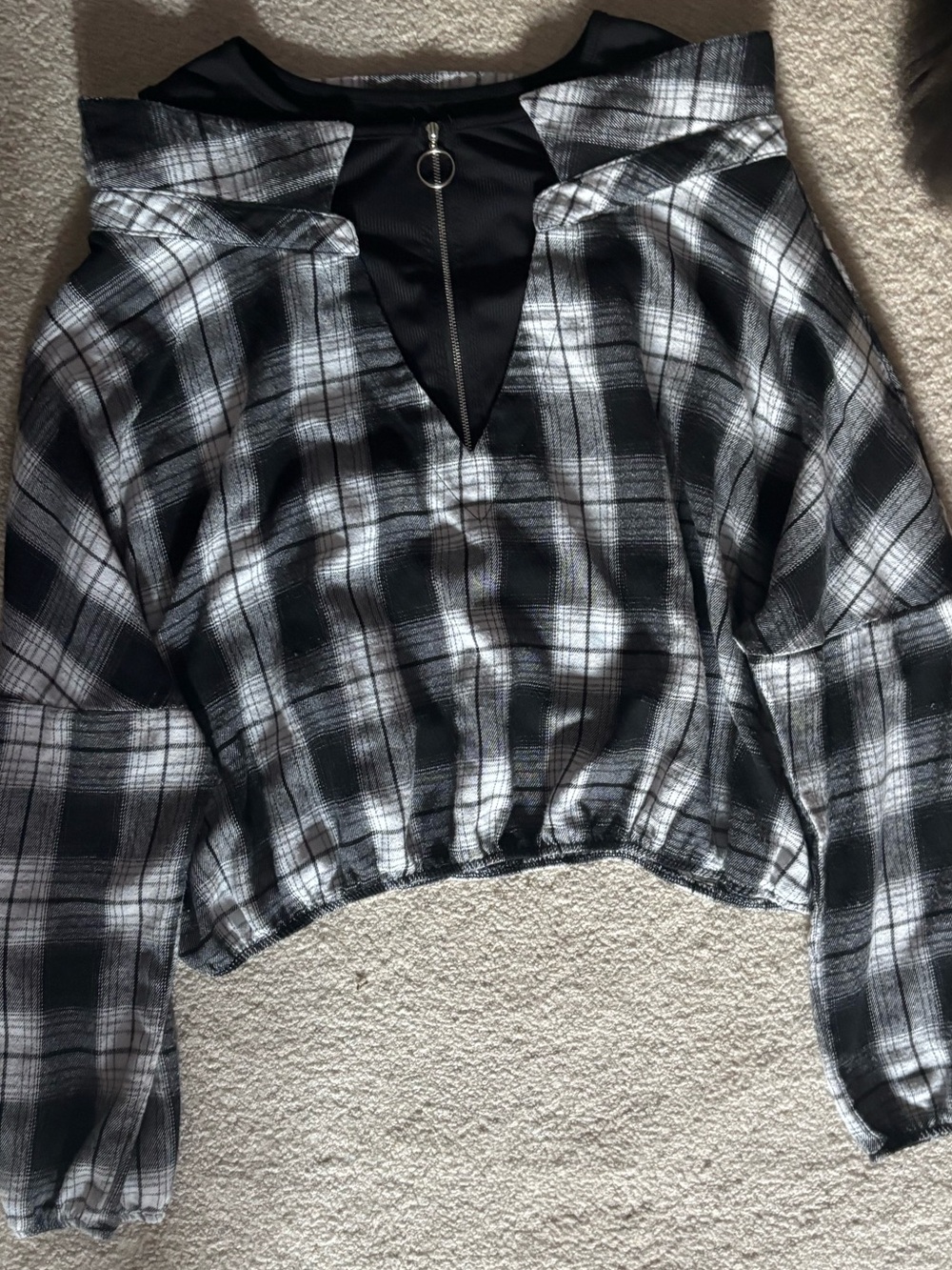 Black & White Plaid Cropped Jacket with Zip Detail